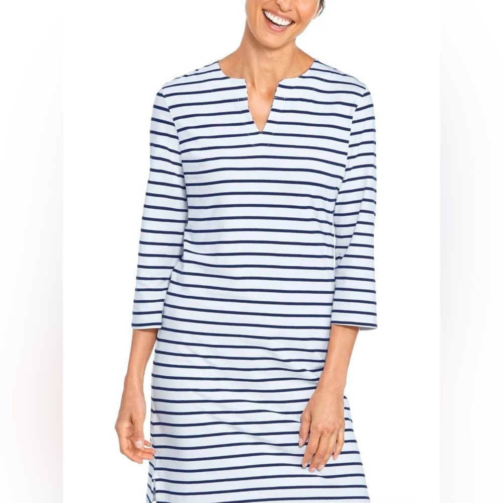 Coolibar Oceanside Tunic Dress UVA/UVB Protection White/Navy Blue Stripe Large